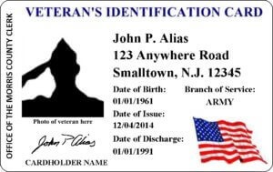 Sample Veterans ID Card. Shows name, address, date of birth, branch of service, and date of discharge.