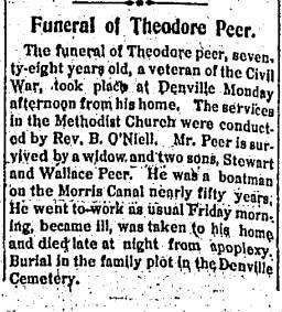 The funeral of Theodore Peer, 78 years old, a veteran of the Civil War, took place at Denville Monday afternoon from his home.