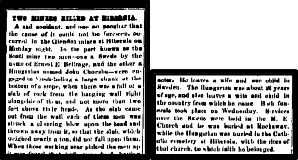 Newspaper clipping: Two miners Killed at Hibernia.