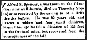 Newspaper clipping: Alfred S. Spencer, a workman in the Glendon mine at Hibernia, died on thursday from injuries received by the caving in of a drift the day before.