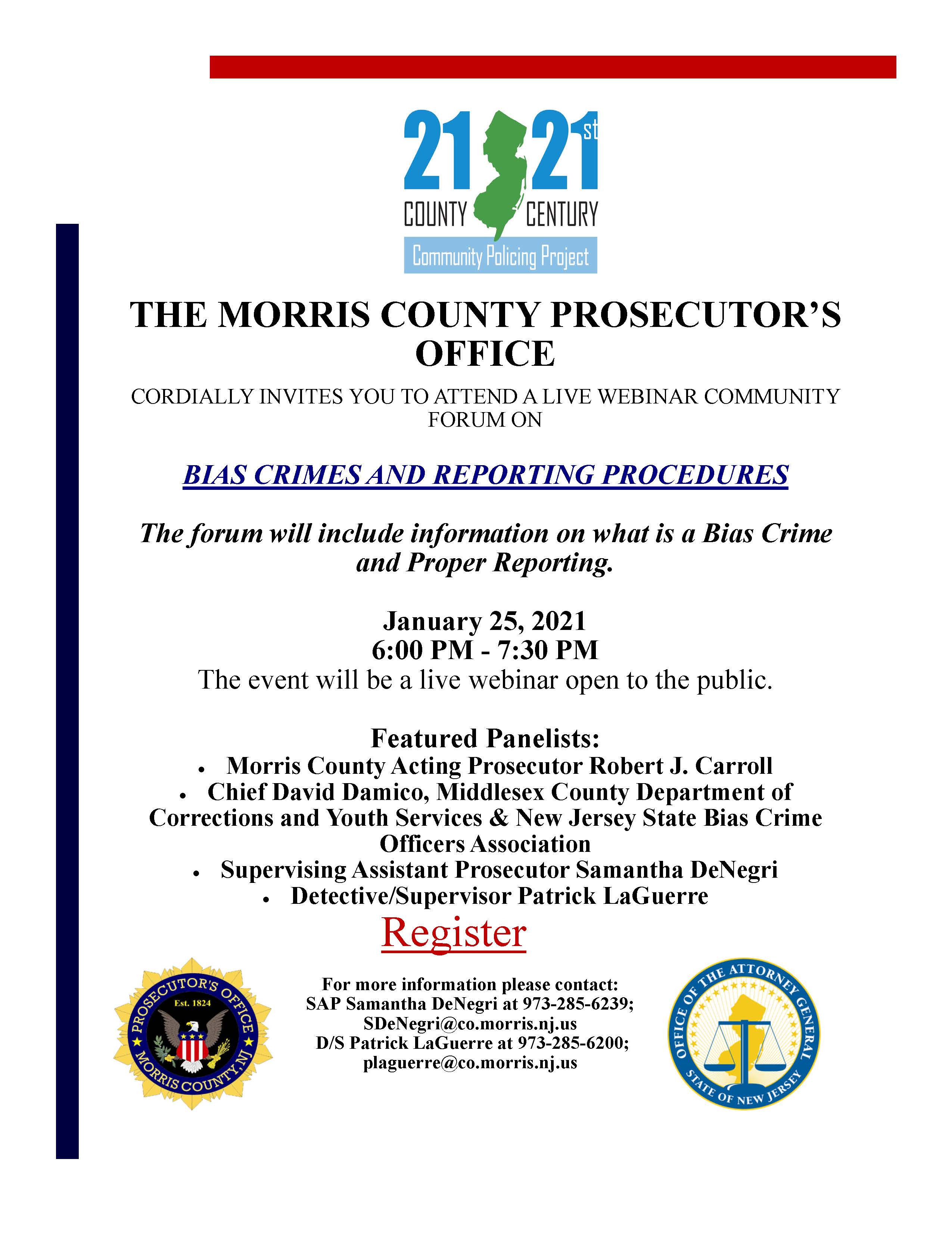 Flyer to notify the public of an upcoming forum on bias crimes scheduled for Jan. 25, 2021
