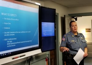 Morris County Sheriff's Office Accreditation Manager Detective Captain Denise Thornton briefs Sheriff James M. Gannon and colleagues on the Accreditation process.