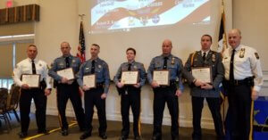 From left, Morris County Sheriff's Office Bureau of Corrections Sgt. John Davidek, Sheriff's Office Detective Sgt. James Rae, Corporal Matthew Cilurso, Sheriff's Investigator Ashley Craig, Sheriff's Officer Frank Perez, Detective Lieutenant Walter Rawa and Morris County Sheriff James M. Gannon at the November 15, 2019 Medal Day. The Officers were honored for their contributions to the Sheriff's RSVP-3 program. 