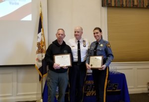 Morris County Office of Emergency Management Director Jeffrey Paul, Commander of the county's Special Operations Group (SOG), Sheriff James M. Gannon and Detective Christina Kovacs were honored for saving a man's life in Jefferson Township under harrowing circumstances.