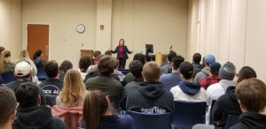 Morris County Sheriff's Office Chief Officer Kelley Zienowicz speaks to a group of CCM students about her profession during Career Week at the CCM campus.