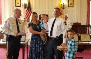 Morris County Sheriff's Office Lieutenant Jay C. Milos is sworn by Sheriff James M. Gannon to the position at a promotion ceremony on October 28, 2019. 
