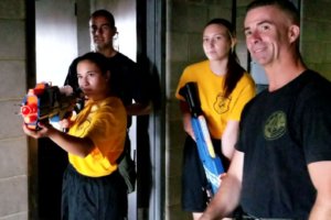 Morris County Sheriff's Emergency Response Team (SERT) Leader Matt Cilurso, front right, and SERT Member Christian DiGiralomo (left rear) work with Morris County Public Safety Youth Academy Cadets on a simulated active shooter scenario on July 23.