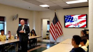 Morris County Sheriff James M. Gannon welcomes participants of a leadership program run by Team Eagle Foundation and the Boy Scouts of America Patriots' Path Council to the Morris County Correctional Facility.
