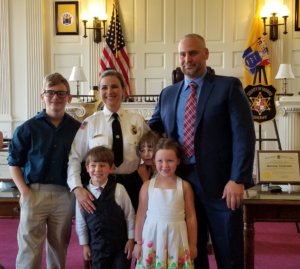 Newly-sworn Morris County Sheriff's Office Chief Sheriff's Officer Kelley Zienowicz with her family. From left, son Liam, son Eddie, daughter Emma, daughter Kayla, and husband Edward Zienowicz.