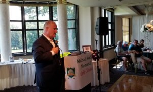 Morris County Sheriff James M. Gannon addresses golfers who participated in the August 9 Michael Wallin Memorial Golf Classic. The proceeds are donated to assist people struggling with addiction find treatment. 