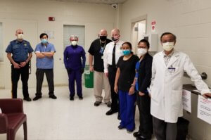 Morris County Sheriff James M. Gannon, at center in white shirt, visited nurses and healthcare staff at the Morris County Correctional Facility on May 7 to express his appreciation for their work on COVID-19 care.