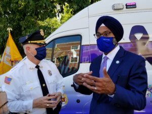 Morris County Sheriff James M. Gannon with New Jersey Attorney General Gurbir S. Grewal at the unveiling on August 3, 2020 of a new Hope One mobile outreach vehicle.