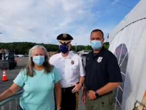 Supervising Nurse K.J. Feury of Atlantic Health System, Morris County Sheriff James M. Gannon and Morris County Law and Public Safety Director Scott DiGiralomo at the Morris County COVID-19 test site on June 26, 2020.