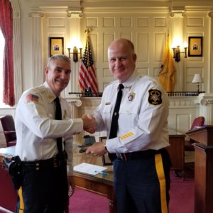 Morris County Sheriff James M. Gannon congratulates Bureau of Law Enforcement Undersheriff Richard A. Rose on his promotion on Sept. 1, 2020.