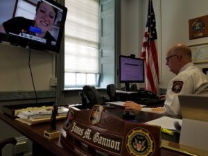 Morris County Sheriff James M. Gannon participated in a discussion via Zoom with national drug control policy experts. On the screen is Allie Hunter McDade, executive director of PAARI USA. 
