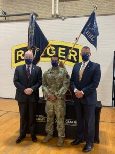 Morris County Sheriff James M. Gannon, Sheriff's Office Detective Lt. Aaron Tomasini, who was promoted August 14, 2020, to the rank of Major in the New Jersey Army National Guard, and Bureau of Law Enforcement Undersheriff Mark Spitzer.