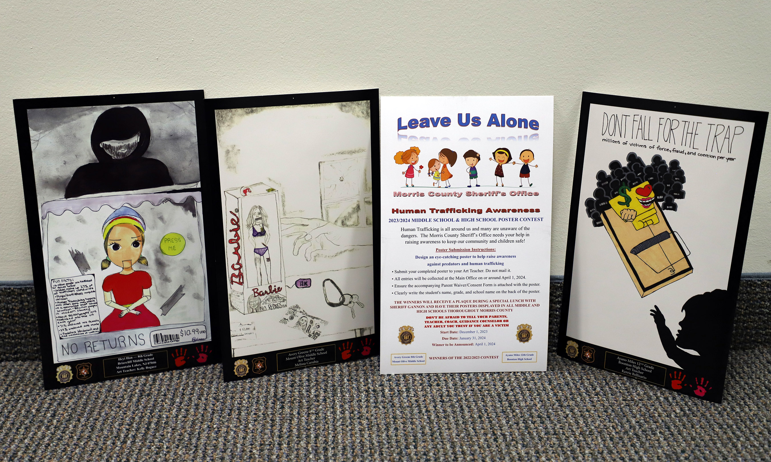 (Photo: The Human Trafficking Awareness Poster Contest winning student submissions since the program began in 2021. Credit | Morris County)