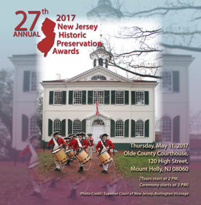 photo collage of 27th Annual NJ Historic Preservation Awards, featuring Colonial soldiers in front of old county courthouse