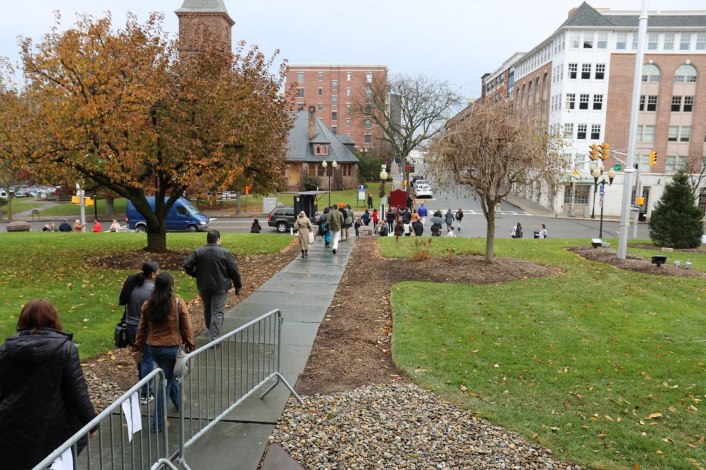 Employees and members of the public evacuate the Courthouse during a drill on November 