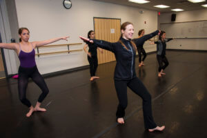 Stephanie Nerbak, adjunct professor of dance at County College of Morris, with one of her dance classes at the college. Credit: John Hester