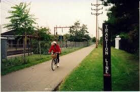 Bicyclist riding down the Traction Line trail