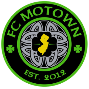 FC Motown Soccer Logo, a round shield on a black background with an Irish feel. Established in 2012.