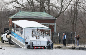photo showing launch of the floating classroom into Lake Hopatcong