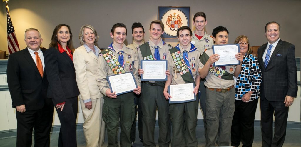Eagle Scout honorees posing with their certificates. Also pictured are Freeholders Cabana, Darling, DeFillippo, Smith and Mastrangelo.