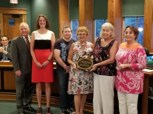(l/r) (seated) Freeholder Stephen Shaw, (standing) Freeholder Director Doug Cabana, County Planning and Preservation Director Christine Marion, and Carole Stober, Annette Sadloski, Mary Ann Kordys, and Roxanne Wallace of the Washington Township Historical Society 