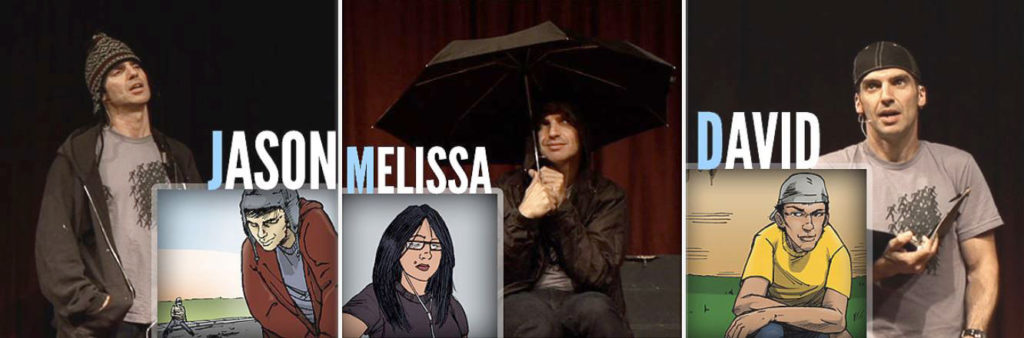 Three photos of John Morello on stage as he plays the characters in his graphic novel.