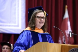 President of Morristown Medical Center Trish O'Keefe gives the keynote speech at the County College of Morris 50th Commencement Ceremony