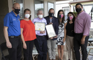 Mr. Cardona and his daughter, Myriam, with Freeholders Selen and Krickus, and members of the Hispanic-American Chamber of Commerce: President Ralph Tejeda, President Emeritus Esperanza Porras-Field and Hope Field