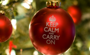 Red Christmas ornament with "Keep Calm and Carry On" 