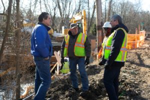 Freeholder Stephen Shaw meeting with construction team at the Mill Road bridge in Morris Twp.