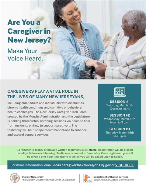 Are you a caregiver in New Jersey? Make your voice heard. Attend caregiver sessions on March 6, 10, and 18.