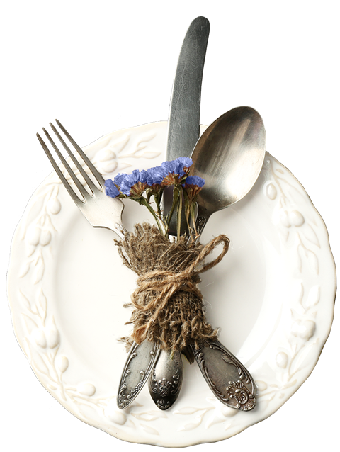 white plate with utensils tied with lavender