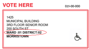 Sample ballot. Your ward and district will be displayed above the name of the town.